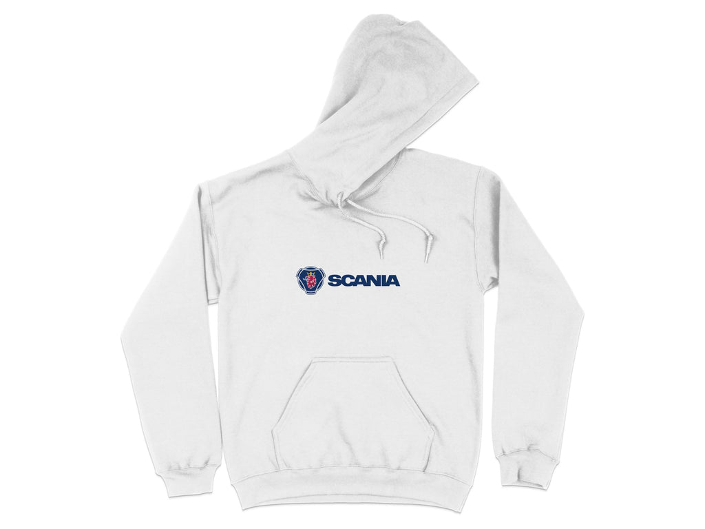 This trendy white hooded sweatshirt by Garment Graphics features a bold blue SCANIA logo at the center, with a front pocket and adjustable drawstrings for optimal comfort and style, as part of our branded hoodies collection.