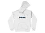 This trendy white hooded sweatshirt by Garment Graphics features a bold blue SCANIA logo at the center, with a front pocket and adjustable drawstrings for optimal comfort and style, as part of our branded hoodies collection.