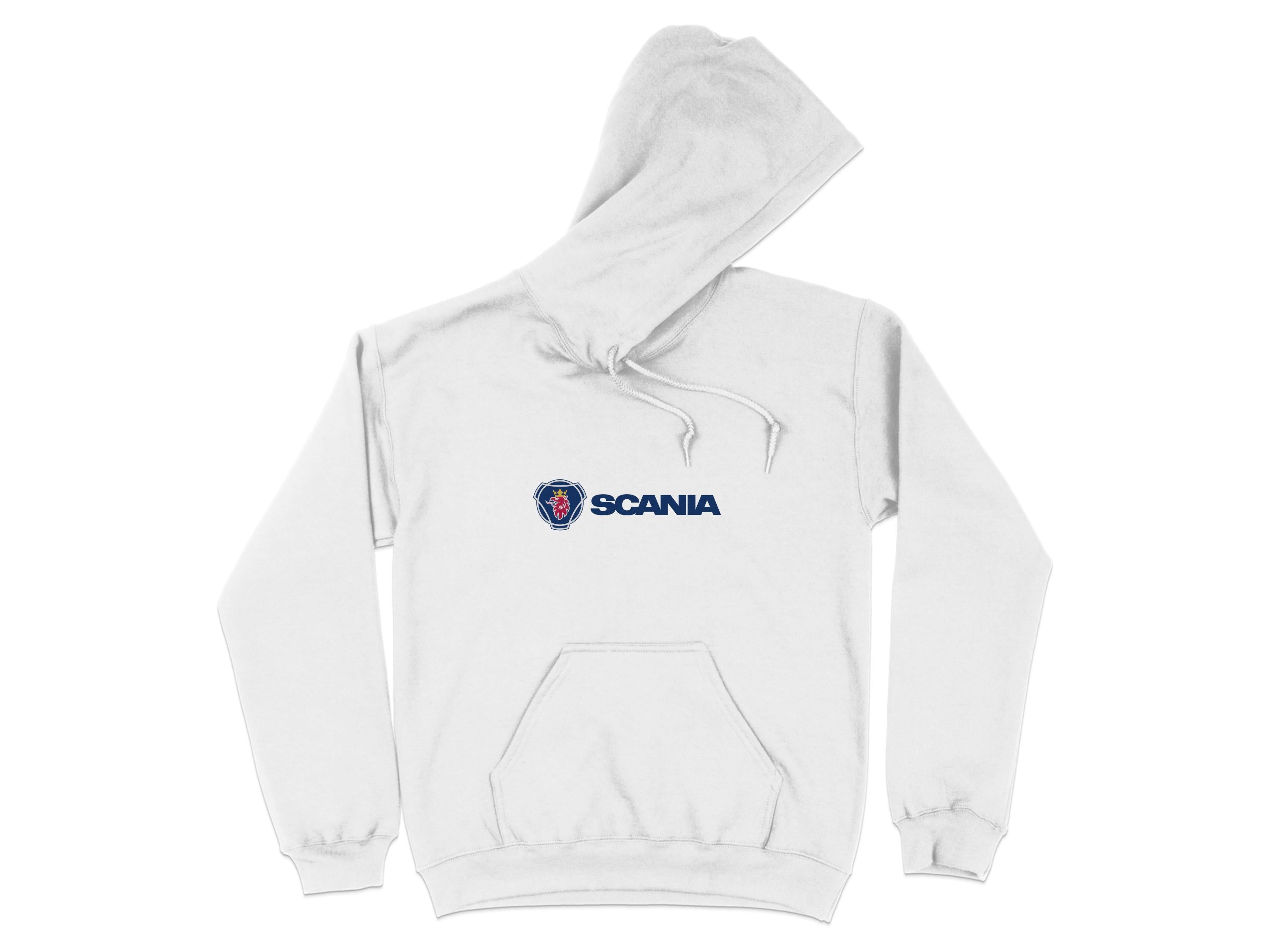 This trendy white hooded sweatshirt by Garment Graphics features a bold blue SCANIA logo at the center, with a front pocket and adjustable drawstrings for optimal comfort and style, as part of our branded hoodies collection.