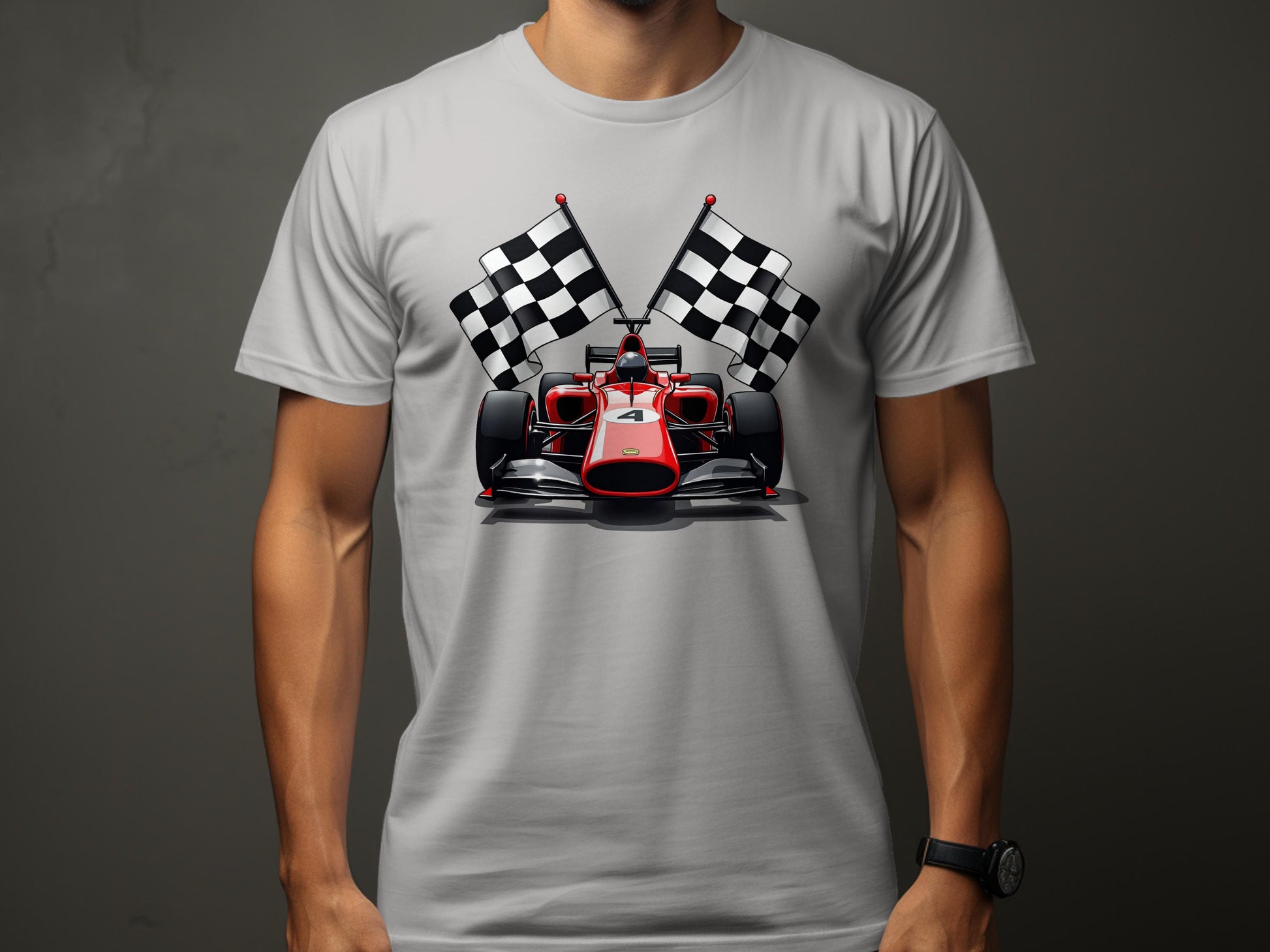 A person is wearing a Garment Graphics gray motorsport T-shirt with a red racing car graphic and two crossed checkered flags on the front against a plain dark gray background.