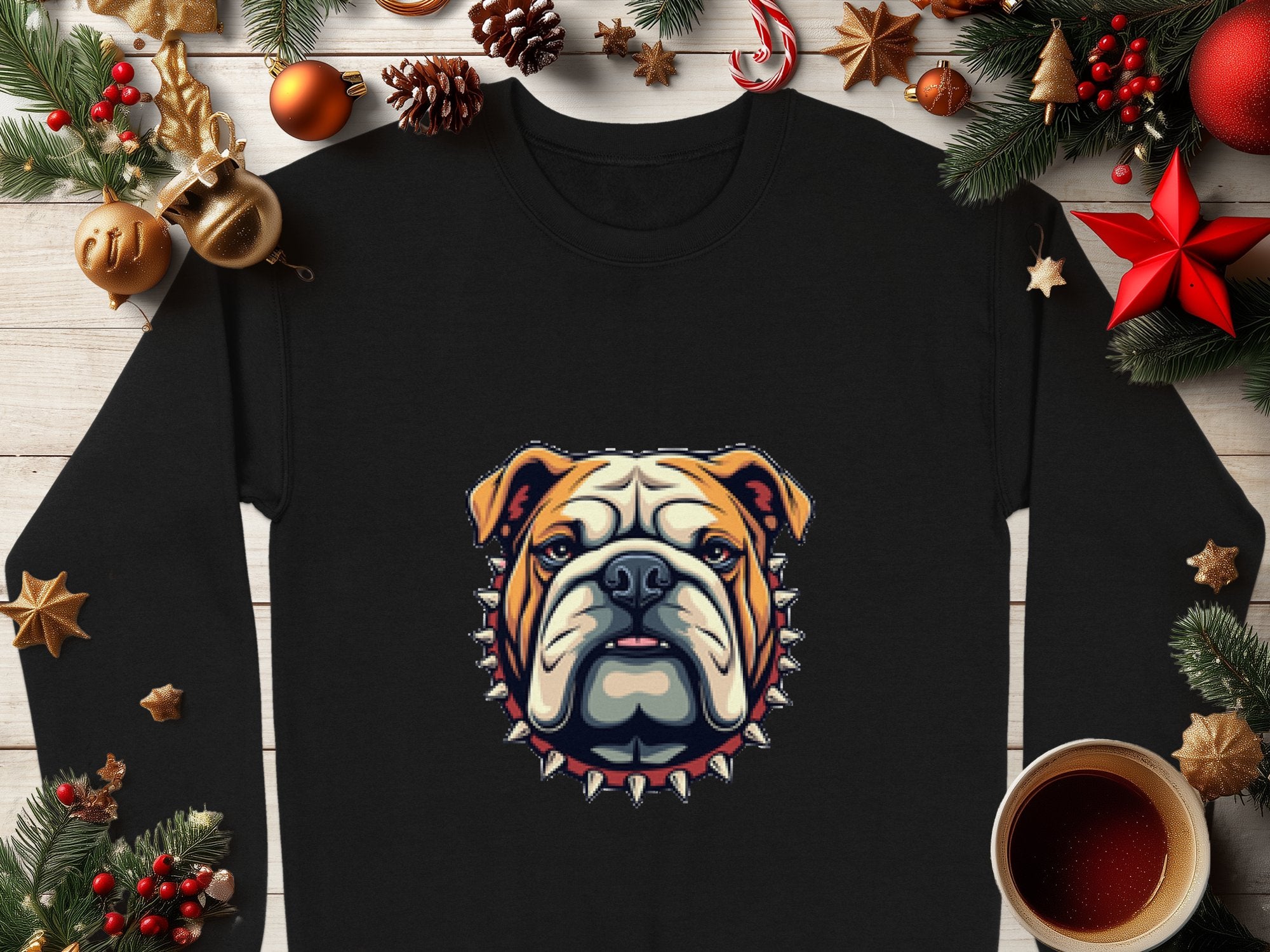 A Garment Graphics black sweatshirt with a bulldog and spiked collar design sits on wood surrounded by Christmas decorations like pine branches, ornaments, gingerbread cookies, and coffee. Available in unisex sizes for versatile style.