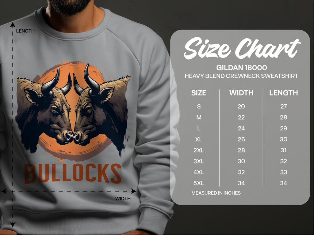 A person wears a grey sweatshirt from Garment Graphics featuring two bulls and BULLOCKS below. A Gildan 18000 unisex size chart next to them shows sizes S-5XL with corresponding width and length.