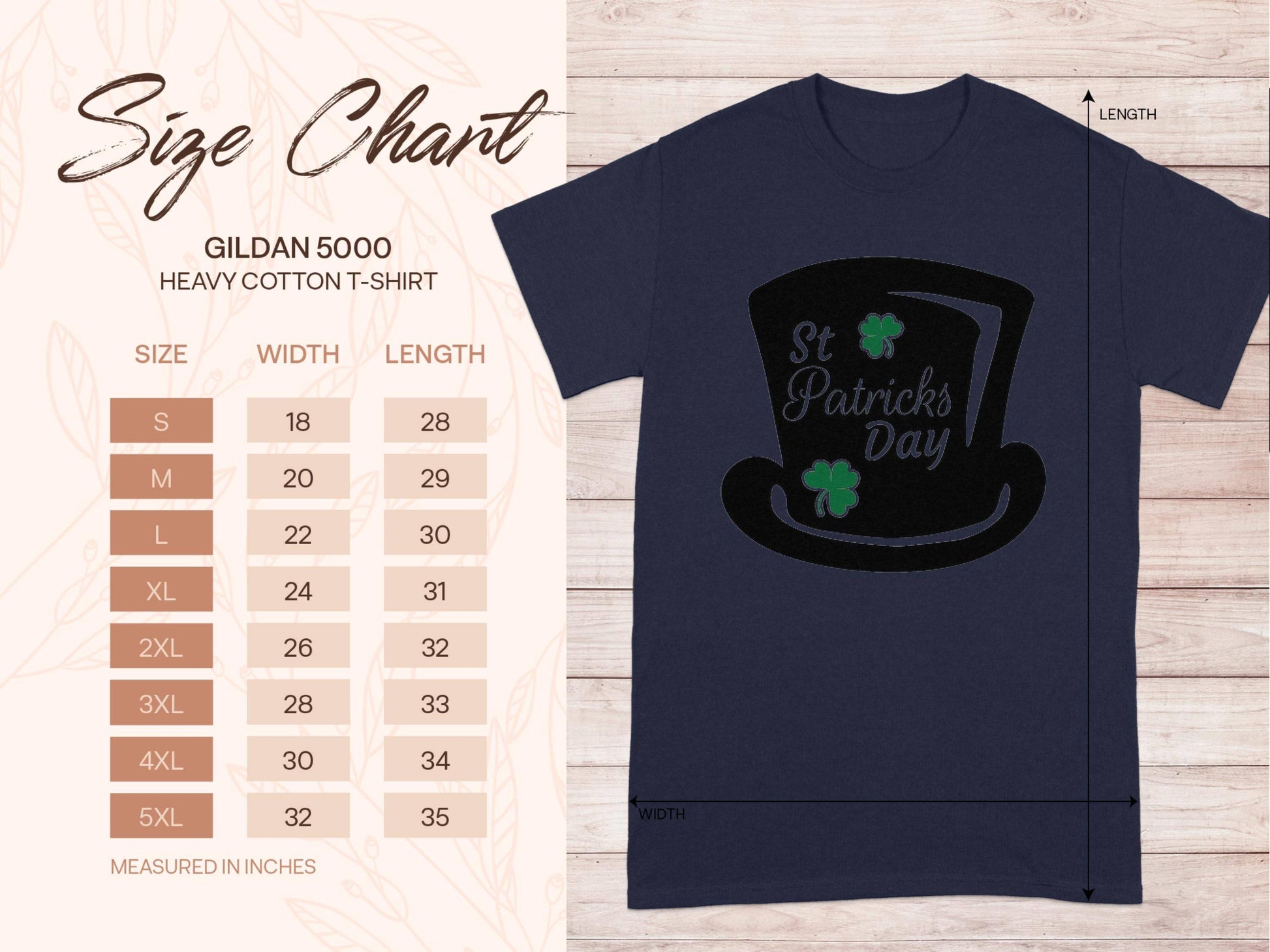 Garment Graphics size chart details dimensions for Gildan 5000 heavy cotton T-Shirts (sizes S to 5XL). A navy shirt with a top hat, St Patricks Day, and shamrocks adorns the display. Celebrate in style and find your perfect fit in inches for this holiday edition!.