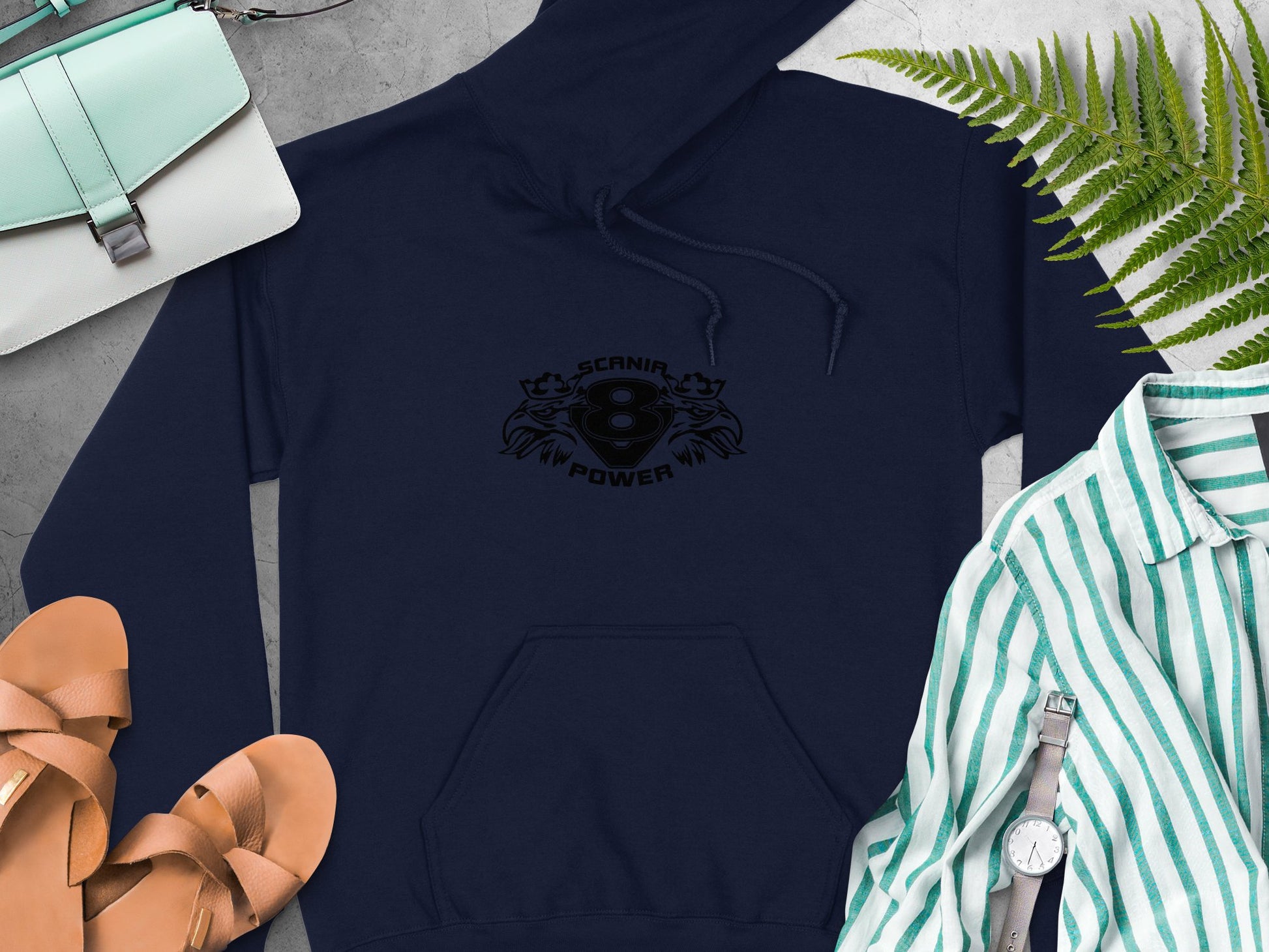 Garment Graphics navy blue hoodie features SCRANTON POWER and two cats in a bold central design. Pair it with mint green handbag, brown sandals, striped shirt, silver watch, and accentuate with green ferns for a classic look.