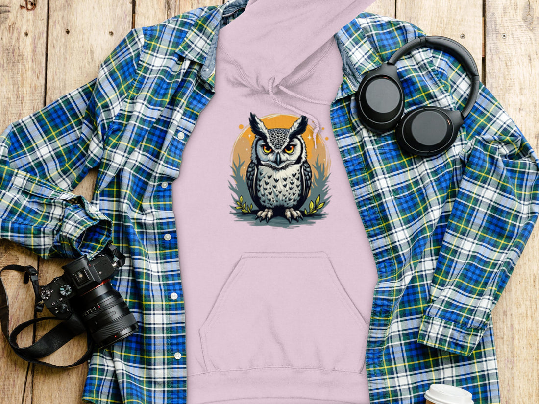 Someone is wearing a black hoodie from Garment Graphics Fierce Owl Illustration Hoodies, featuring a gray owl with large eyes grounded on an orange circle amid grass and small leaves. Its crafted from medium-heavy fabric for comfort.