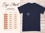 A navy blue T-shirt with a vibrant emblem and SCANIA in blue is included in the premium Scania merchandise collection by Garment Graphics. On the left, find a size chart for Gildan 5000 heavy cotton T-shirts covering sizes S to 5XL, detailing width and length in inches.