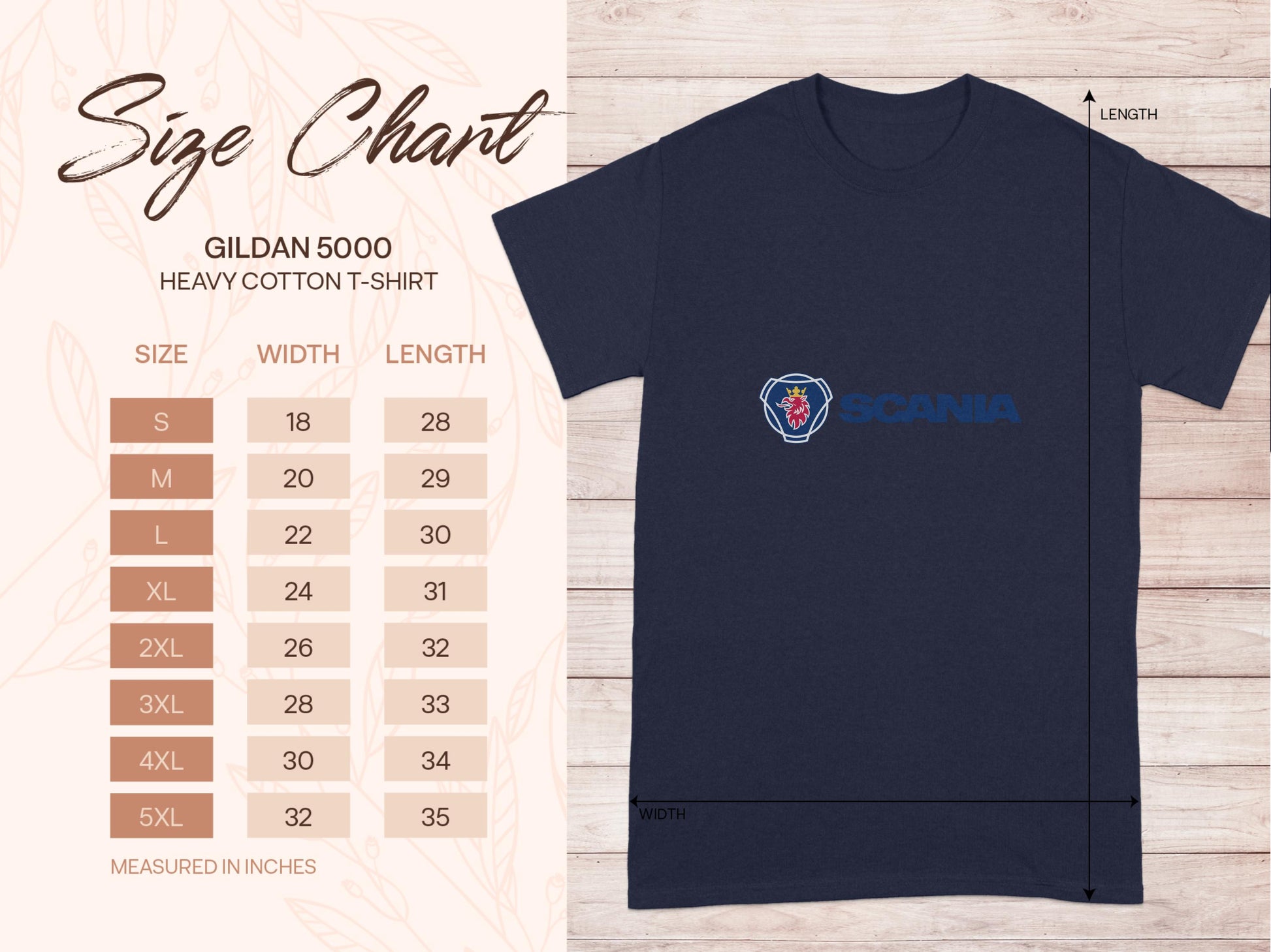 A navy blue T-shirt with a vibrant emblem and SCANIA in blue is included in the premium Scania merchandise collection by Garment Graphics. On the left, find a size chart for Gildan 5000 heavy cotton T-shirts covering sizes S to 5XL, detailing width and length in inches.