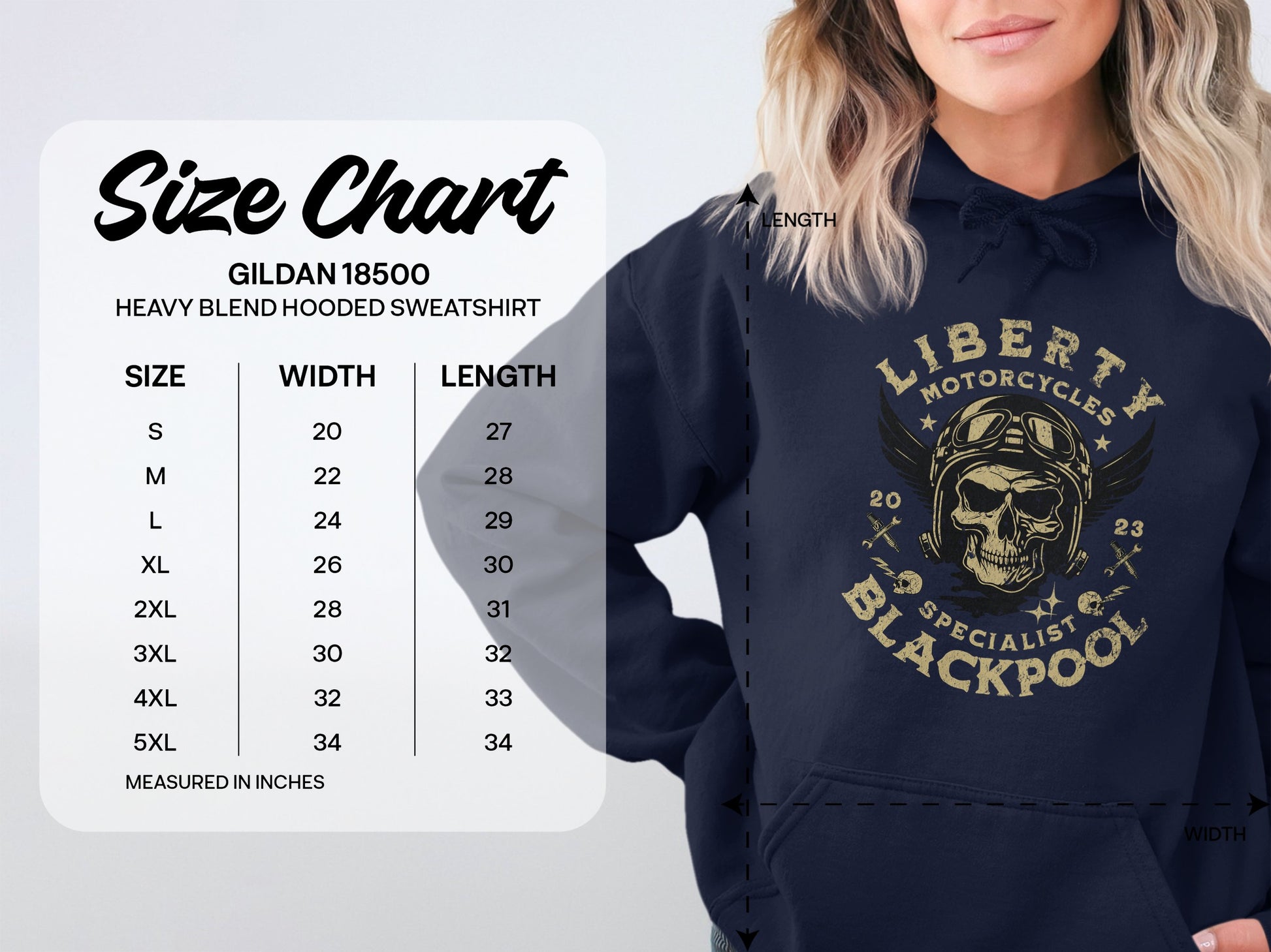 A woman models a navy Blackpool Hoodie from Garment Graphics with a Liberty Motorcycle skull and goggles design. The size chart offers dimensions from small to 5XL in inches for width and length, ensuring a unique look for every motorcycle enthusiast.