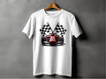 A white T-shirt from Garment Graphics, featuring a stylish race car design with a red car and crossed checkered flags, hangs on a wooden hanger against a plain gray wall—ideal for motorsport enthusiasts.