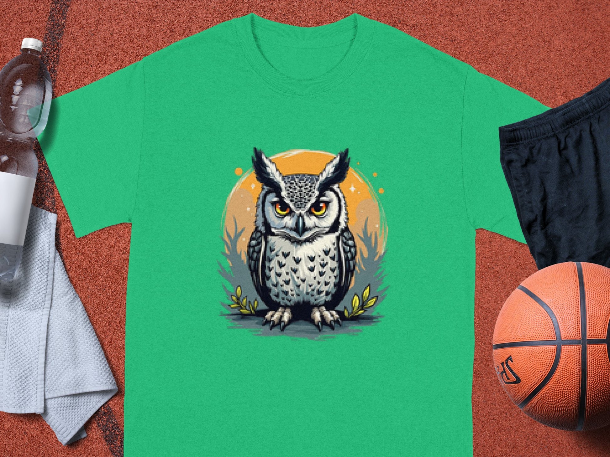 A Garment Graphics green T-shirt features an owl graphic in front of a yellow circle, exuding artistic flair. It rests on a reddish surface and is surrounded by a clear plastic water bottle, black shorts, a basketball, and a gray towel.