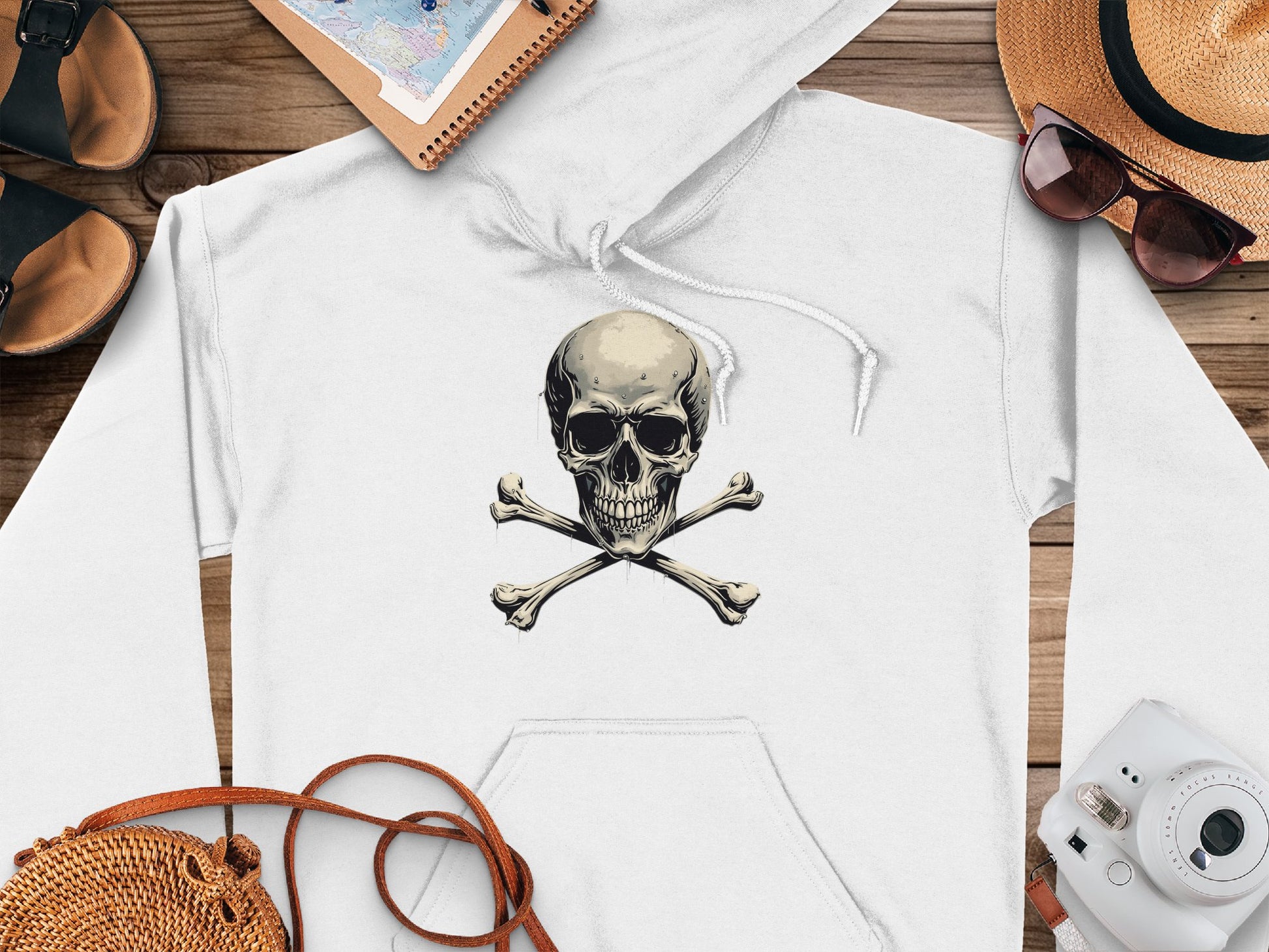 A white Garment Graphics streetwear hoodie featuring a skull and crossbones design is displayed on a wooden surface. Its surrounded by essentials like a notebook, sunglasses, hat, dark sandals, wicker bag, and instant camera—perfect for any casual day in style.