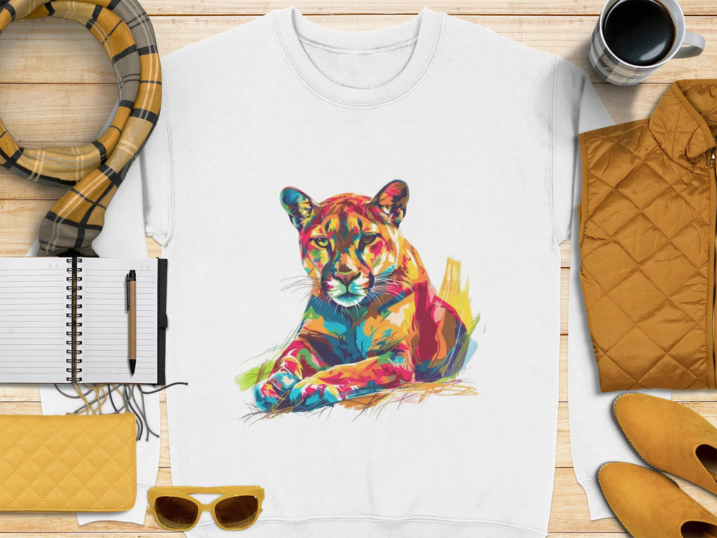 Garment Graphics white T-shirt boasts a vibrant big cat design, artistically depicting a feline. Its displayed on wood, accompanied by a plaid scarf, yellow jacket and clutch, notebook, pen, sunglasses, and a coffee cup.
