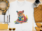 Garment Graphics white T-shirt boasts a vibrant big cat design, artistically depicting a feline. Its displayed on wood, accompanied by a plaid scarf, yellow jacket and clutch, notebook, pen, sunglasses, and a coffee cup.