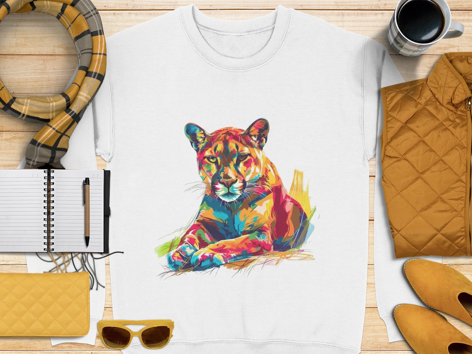 Garment Graphics white T-shirt boasts a vibrant big cat design, artistically depicting a feline. Its displayed on wood, accompanied by a plaid scarf, yellow jacket and clutch, notebook, pen, sunglasses, and a coffee cup.
