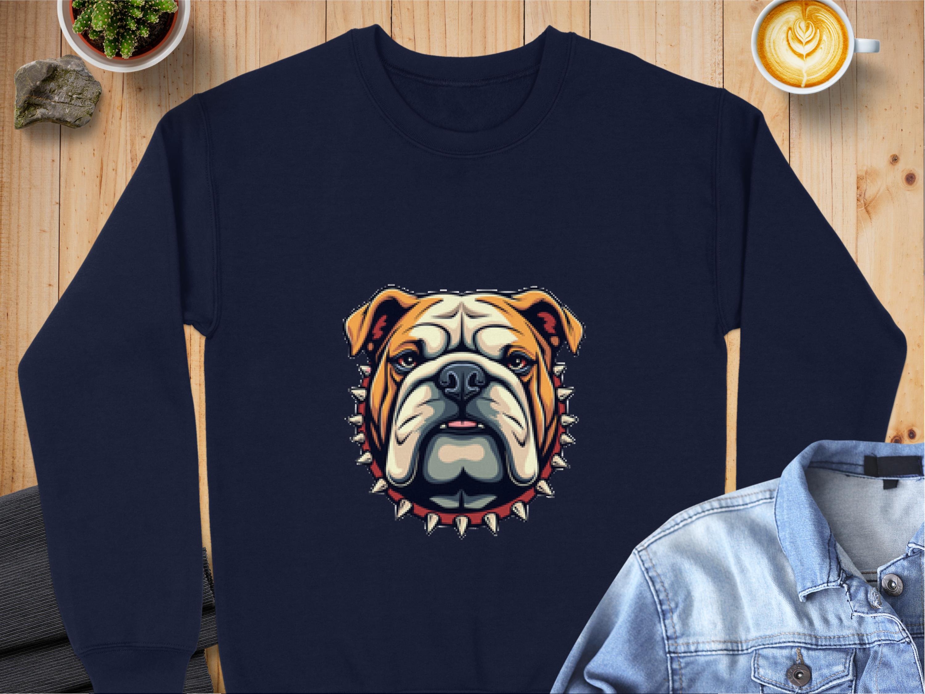 A navy blue sweatshirt by Garment Graphics featuring a realistic bulldog with a spiked collar graphic lies on a wooden surface. Nearby are a latte art cup, blue denim jacket, and potted succulent. This unisex piece offers versatile style options.