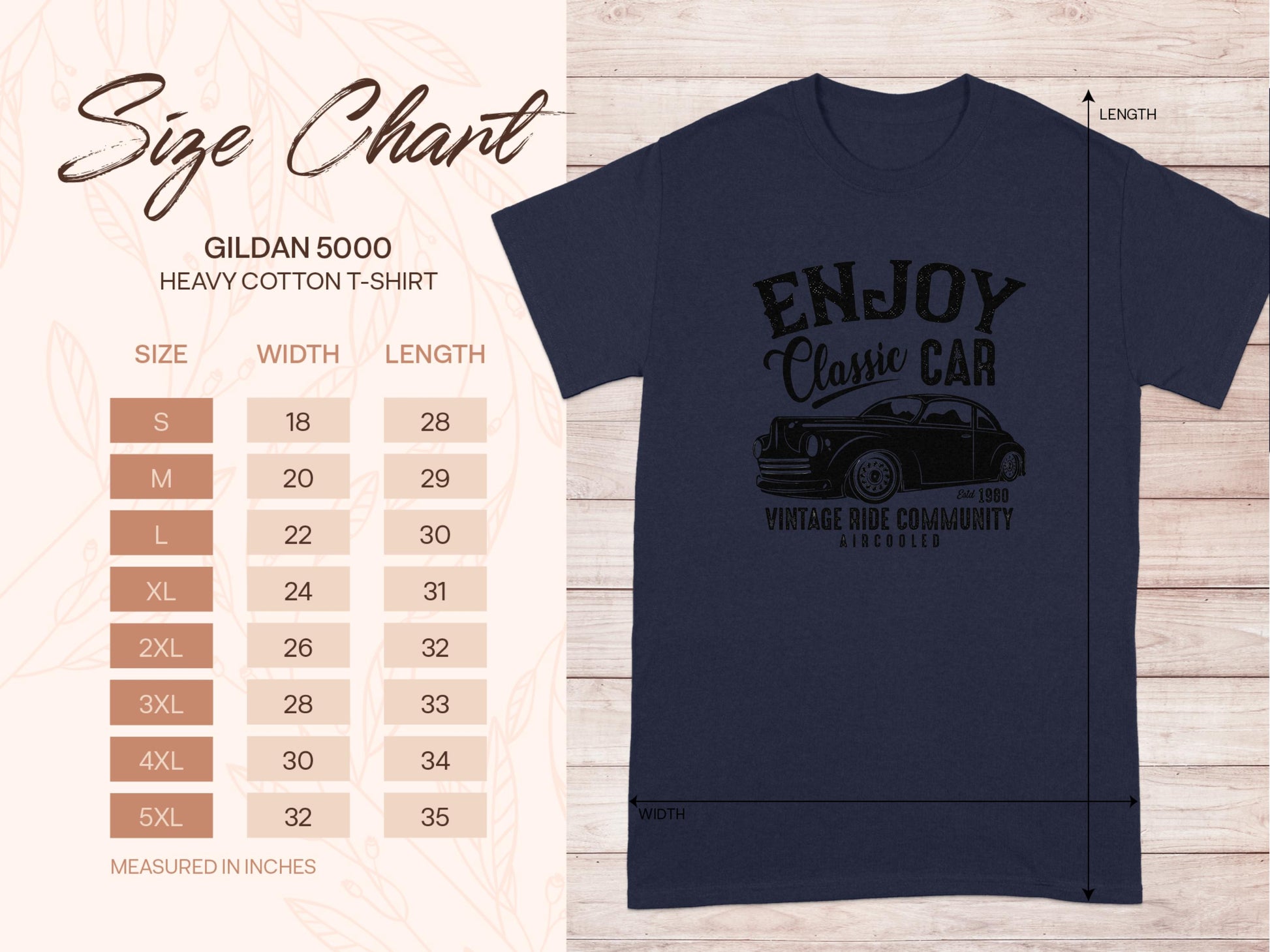 Garment Graphics size chart for the Navy Gildan 5000 heavy cotton tee is perfect for car enthusiasts. It features a vintage Enjoy Classic Car graphic. Available sizes S to 5XL, with dimensions listed in inches for width and length.
