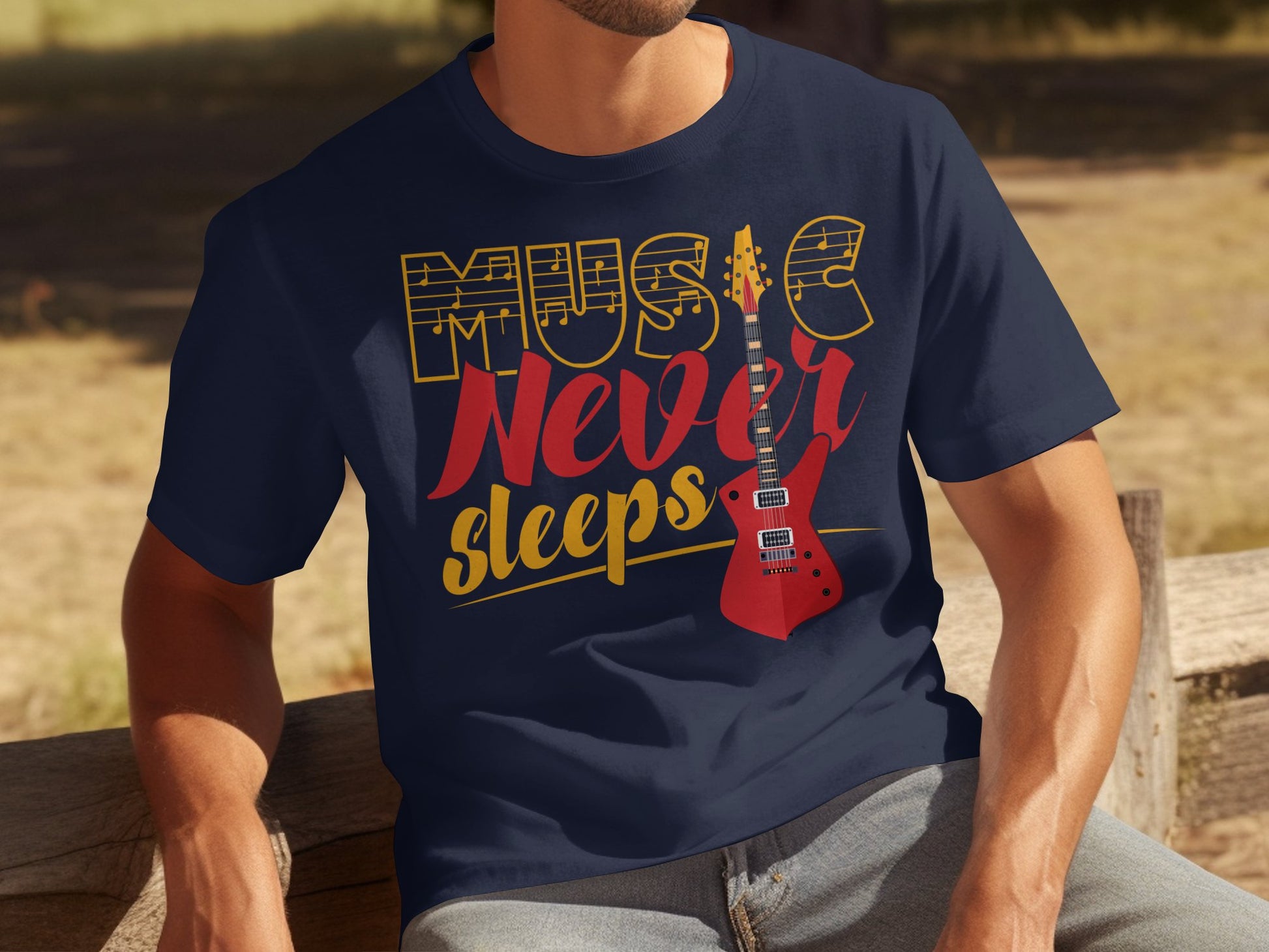 A person sits on a wooden bench outdoors wearing a navy blue Graphic T-Shirt by Garment Graphics. Made of 100% cotton, it features Music Never Sleeps and a red electric guitar illustration.