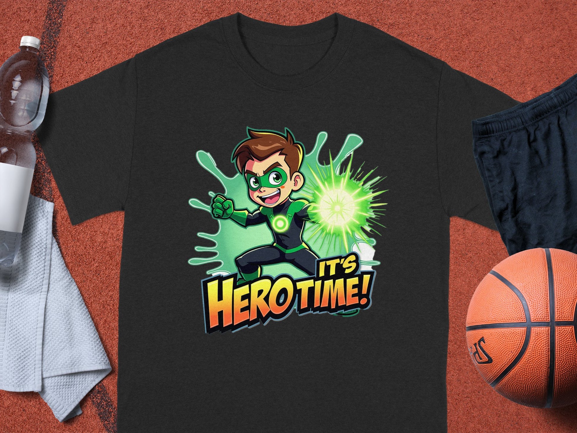 Garment Graphics presents a vibrant black T-shirt with a superhero cartoon print, featuring green goggles and energy burst, reading Hero Time! Ideal for families, its showcased on an orange surface alongside a water bottle, towel, shorts, and basketball.