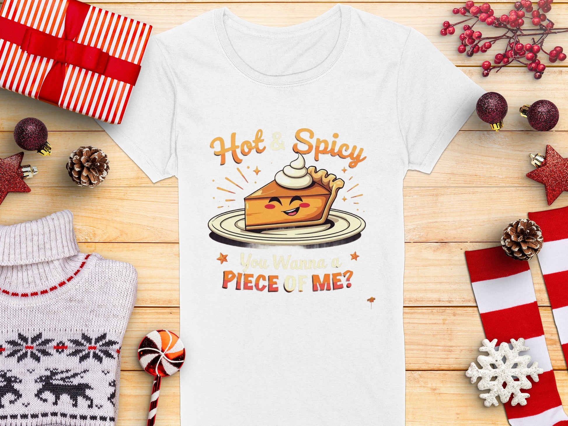 A womens white T-shirt from Garment Graphics, with a cartoon pumpkin pie graphic and the text Hot & Spicy, You Wanna a Piece of Me? is displayed on a wooden surface. Ideal for casual outings, its surrounded by holiday-themed items: sweater, gifts, pinecones, candy, and ornaments.