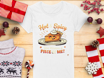 A womens white T-shirt from Garment Graphics, with a cartoon pumpkin pie graphic and the text Hot & Spicy, You Wanna a Piece of Me? is displayed on a wooden surface. Ideal for casual outings, its surrounded by holiday-themed items: sweater, gifts, pinecones, candy, and ornaments.
