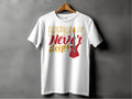 A classic white 100% cotton T-shirt from Garment Graphics hangs on a wooden hanger against a gray backdrop. It features Music Never Sleeps in bold yellow and red lettering, accented with a striking red electric guitar illustration.