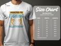 A man wears a Garment Graphics Fishing T-shirt with Addicted to Fishing Relationship and unique fish graphics. Beside him, the size chart for the Gildan 5000 Heavy Cotton T-shirt shows width and length in inches—ideal for passionate anglers.