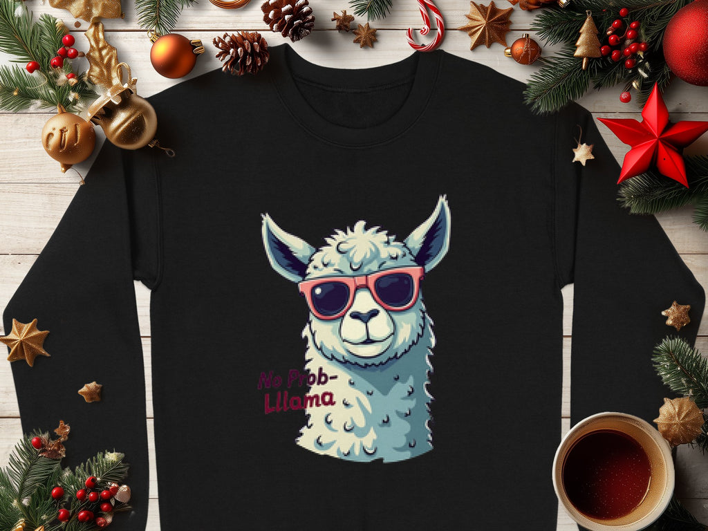 A black No Prob-Llama sweatshirt by Garment Graphics, featuring a llama in red sunglasses, is styled with festive pine branches, ornaments, and coffee on wood. This funny unisex-sized sweatshirt ensures the perfect holiday season fit.