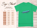 On the left is a size chart for the Garment Graphics classic fit Gildan 5000 heavy cotton t-shirt, showing sizes S to 5XL with measurements in inches. On the right, a green t-shirt displays a colorful Retro graphic design that exudes vintage charm.