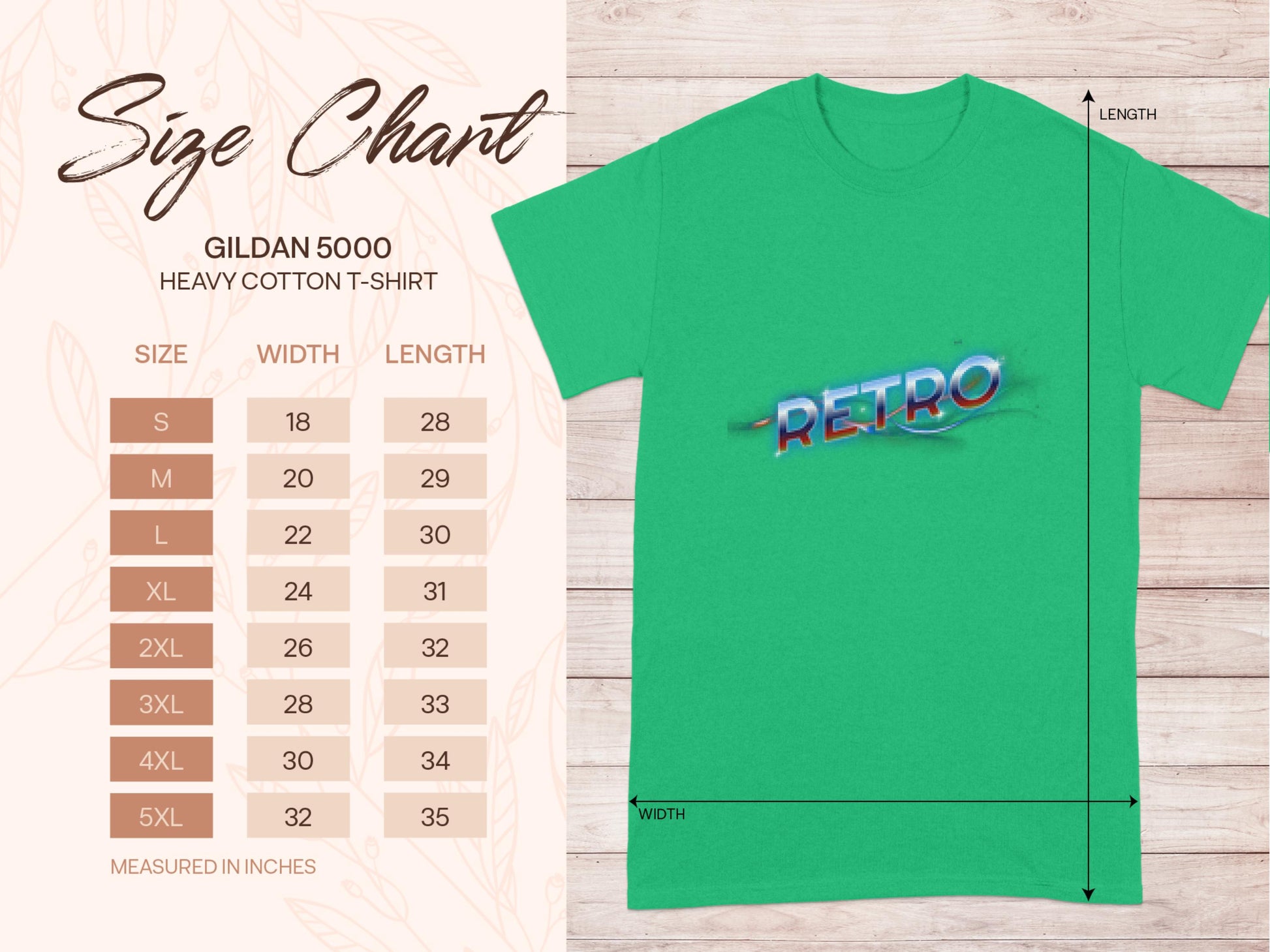 On the left is a size chart for the Garment Graphics classic fit Gildan 5000 heavy cotton t-shirt, showing sizes S to 5XL with measurements in inches. On the right, a green t-shirt displays a colorful Retro graphic design that exudes vintage charm.