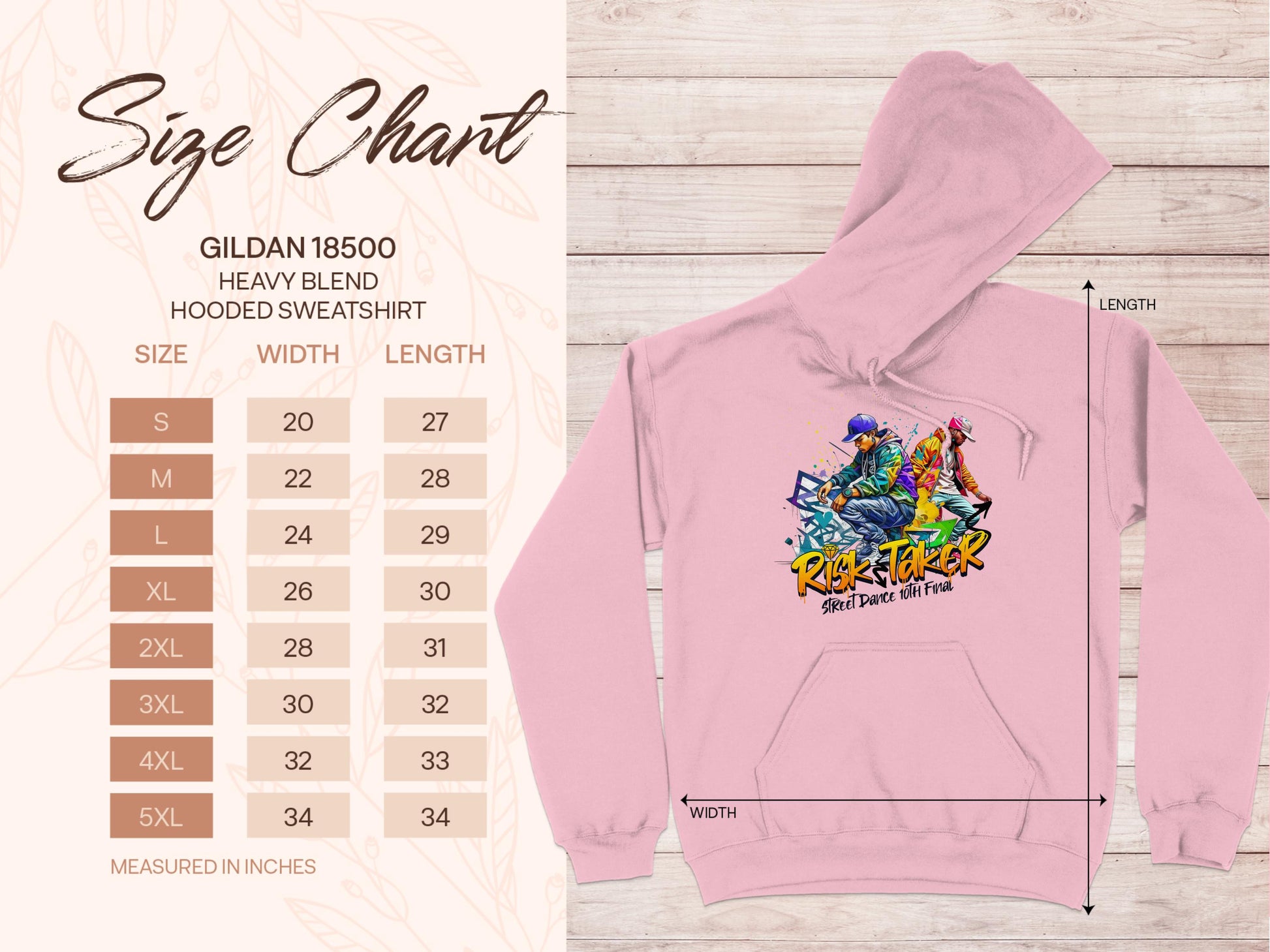 On the left, find the size chart for the Garment Graphics heavy blend hooded sweatshirt. On the right, a pink hoodie flaunts bold fashion with vibrant graphics and Risk Taker Street Dance text. Measurements are listed in inches.