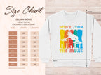 An image displays the unisex sizing chart for a Garment Graphics heavy blend crewneck sweatshirt. Alongside, the DJ Sweatshirt features a DONT STOP THE MUSIC graphic, ideal for music lovers. The chart covers sizes S to 5XL with width and length measurements detailed.