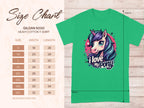 Size chart for a Garment Graphics green pony graphic T-shirt with a cartoon pony featuring purple and blue hair and I love my pony text. Available in sizes S to 5XL, perfect for unicorn enthusiasts, with measurements in inches.