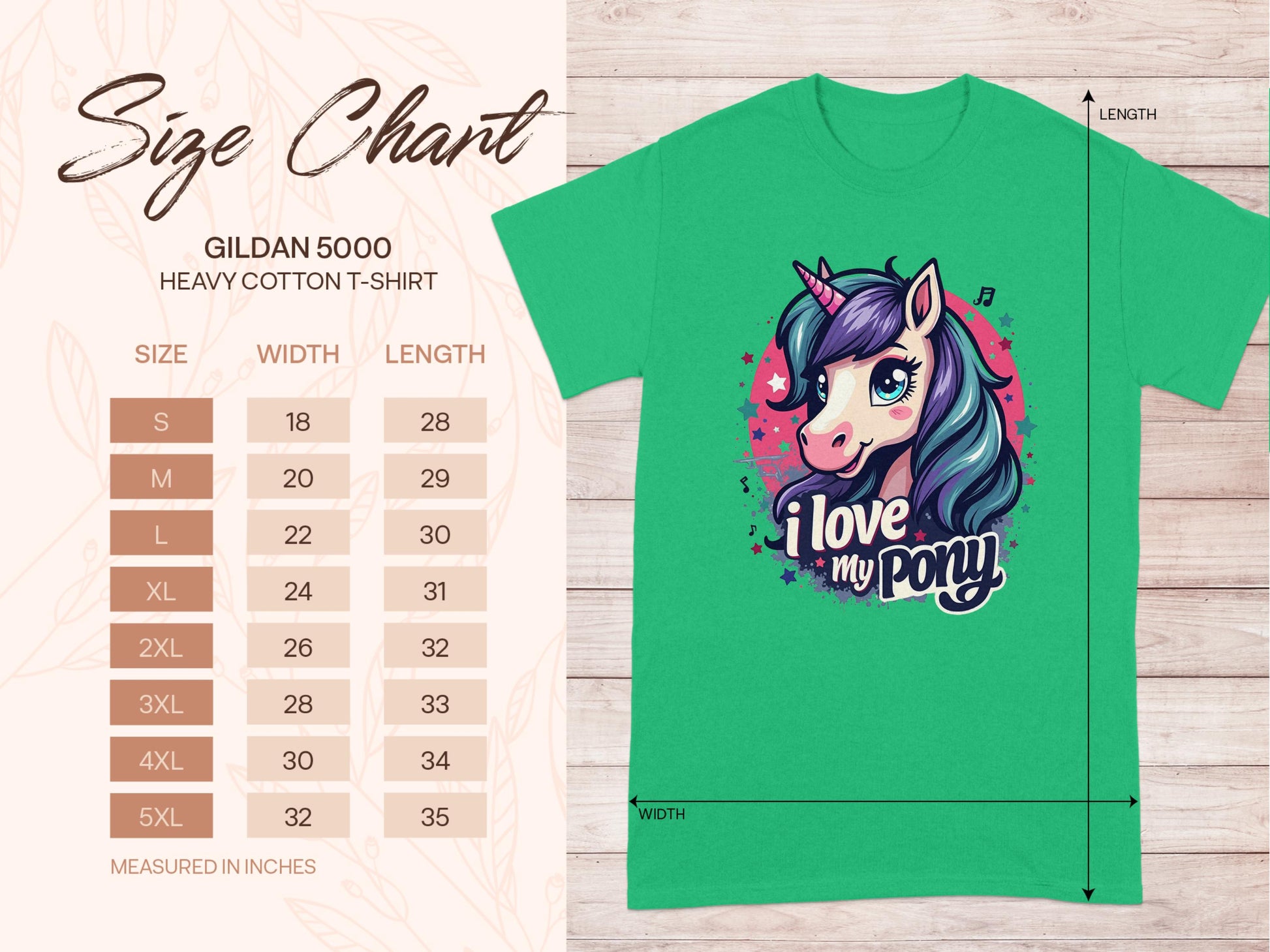 Size chart for a Garment Graphics green pony graphic T-shirt with a cartoon pony featuring purple and blue hair and I love my pony text. Available in sizes S to 5XL, perfect for unicorn enthusiasts, with measurements in inches.