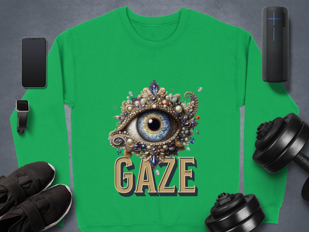 The Garment Graphics unisex graphic sweatshirt showcases an ornate eye design above GAZE, surrounded by a smartphone, smartwatch, wireless speaker, black shoes, and dumbbells on a gray background.