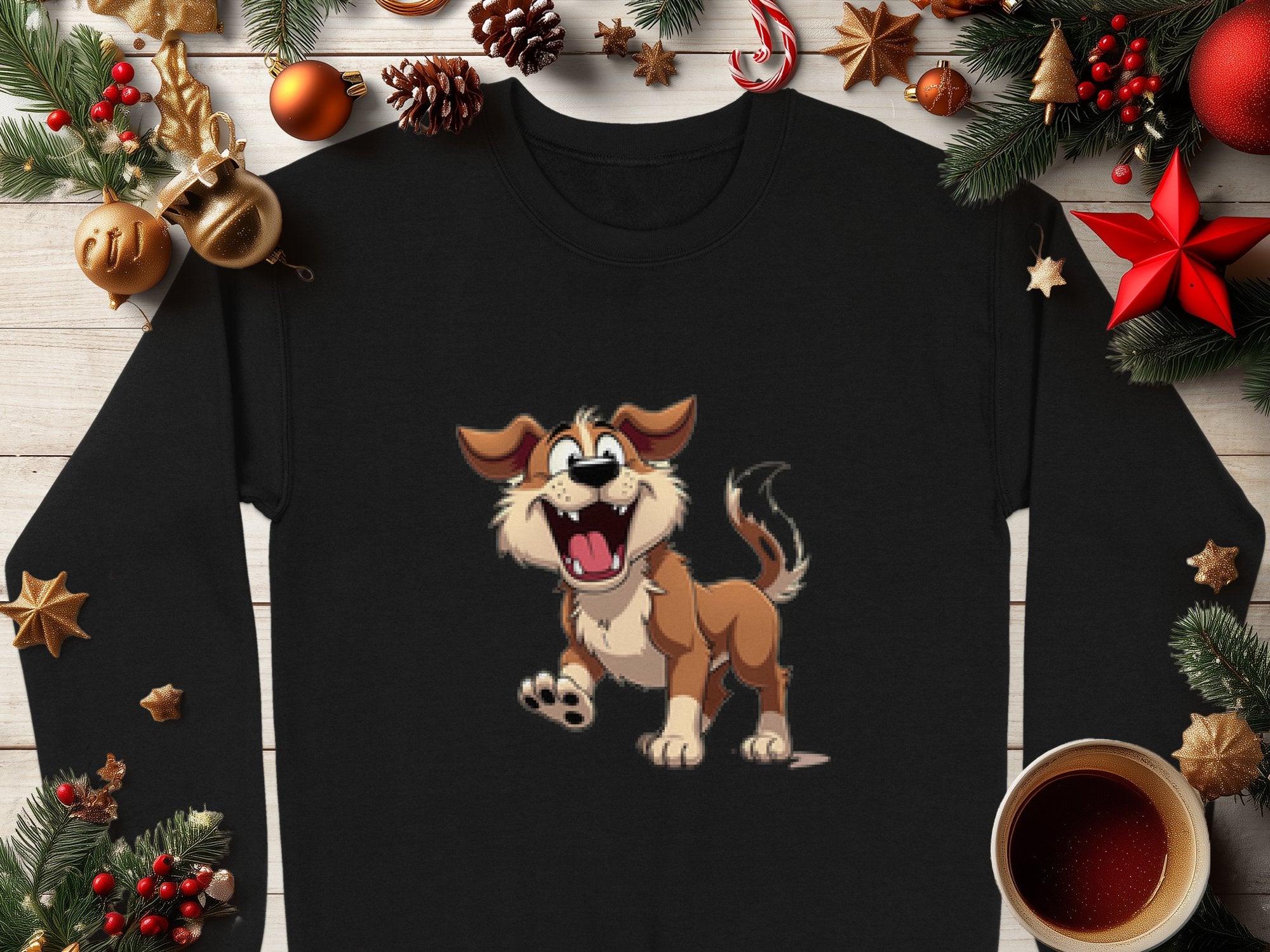 Garment Graphics black sweatshirt, perfect for dog lovers, showcases an animated happy dog illustration. It sits on a wooden surface surrounded by pine branches, red and gold ornaments, pine cones, a candy cane, and a steaming cup of coffee for a cozy festive feel.