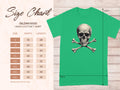 The Garment Graphics Green T-shirt features a striking skull and crossbones design. Set against a wooden floor, this graphic tee includes a size chart on the left with dimensions ranging from S to 5XL in inches, making it a bold fashion statement.