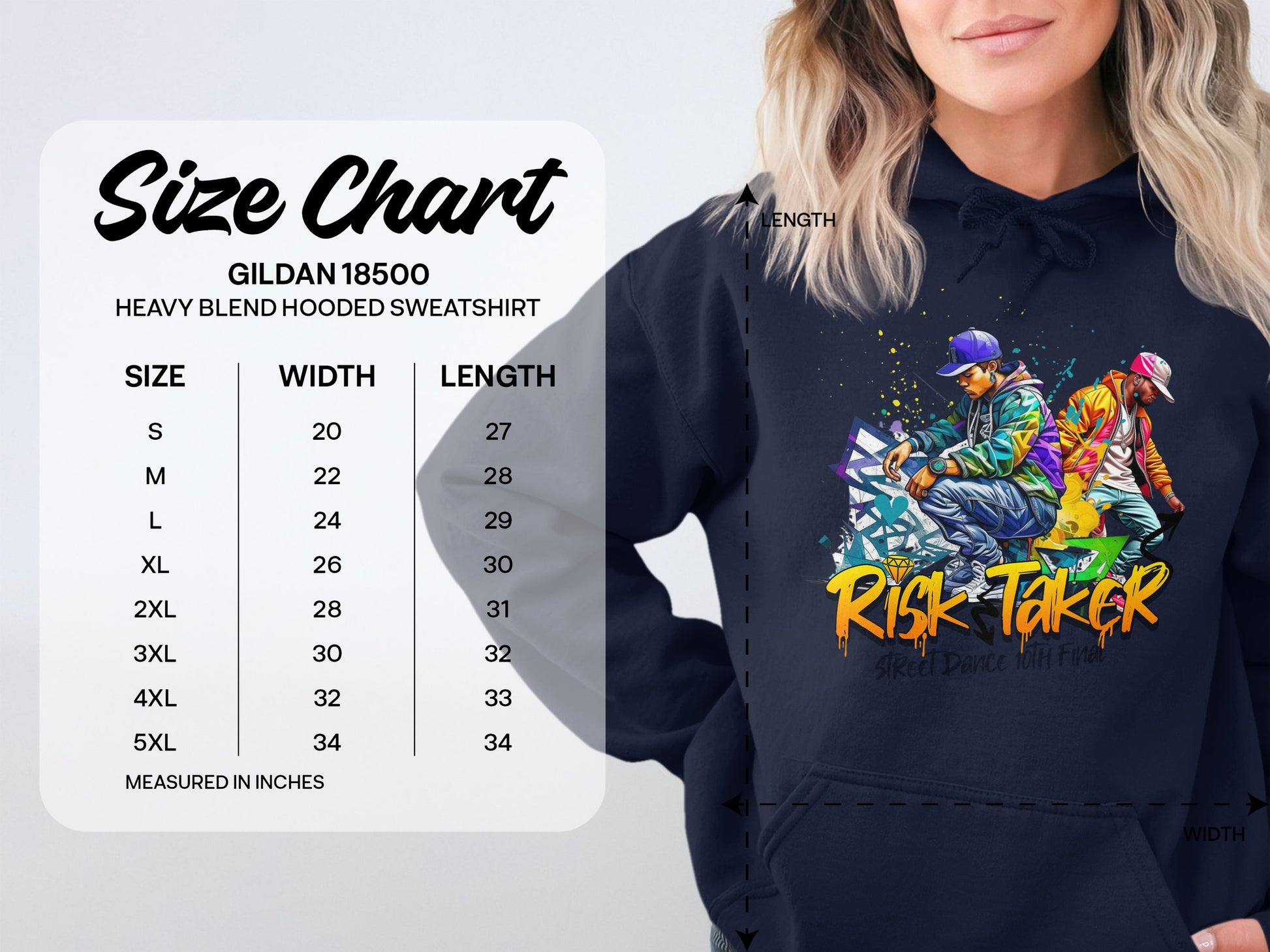 An image depicts a woman in a Garment Graphics navy hoodie, adorned with graphic dancers and Risk Taker text, showcasing bold fashion. Beside her, the size chart for Gildan 18500 lists sizes small (28) to 5XL (34). Ideal for the Risk Taker Street Dance Battle.