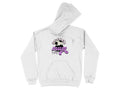 The Garment Graphics cozy white hoodie features a soccer ball graphic with Soccer Mum in black and purple. It has a classic fit, front pocket, and drawstring hood, making it ideal for casual outings.