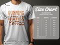 A person wears a Garment Graphics T-shirt with Running on grace & coffee in brown and orange. A nearby size chart shows dimensions for Gildan 5000 heavy cotton T-shirts, available from sizes S to 5XL.