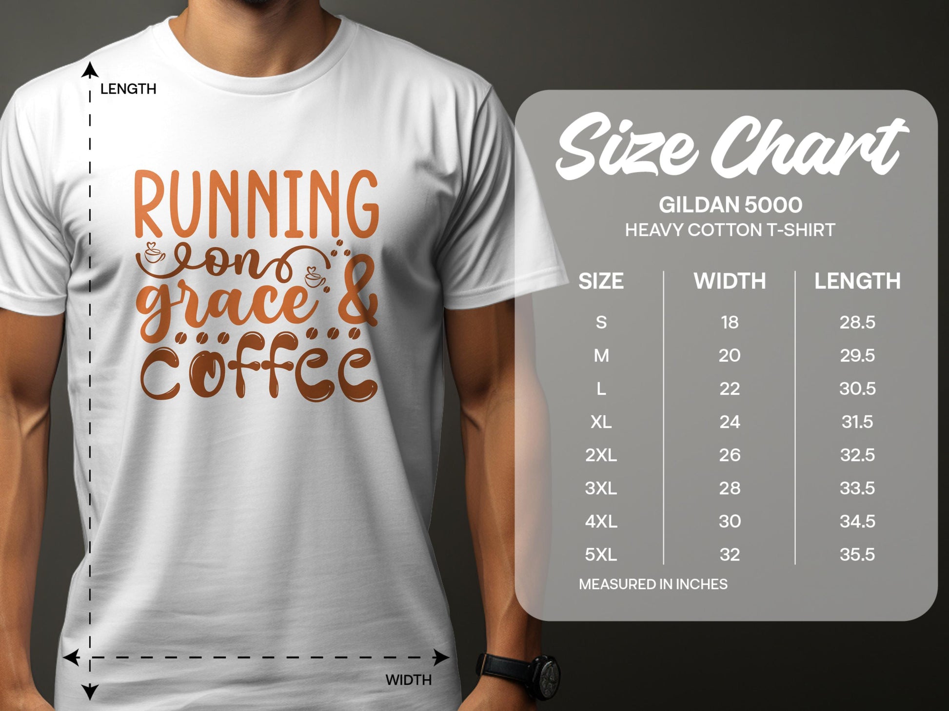 A person wears a Garment Graphics T-shirt with Running on grace & coffee in brown and orange. A nearby size chart shows dimensions for Gildan 5000 heavy cotton T-shirts, available from sizes S to 5XL.