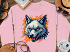 The Garment Graphics pink sweatshirt showcases a fierce wolf head graphic with sharp teeth against an orange splash. Laid on wood, its surrounded by a hat, sunglasses, camera, sandals, and notebook. Embrace your wild side with this standout piece.