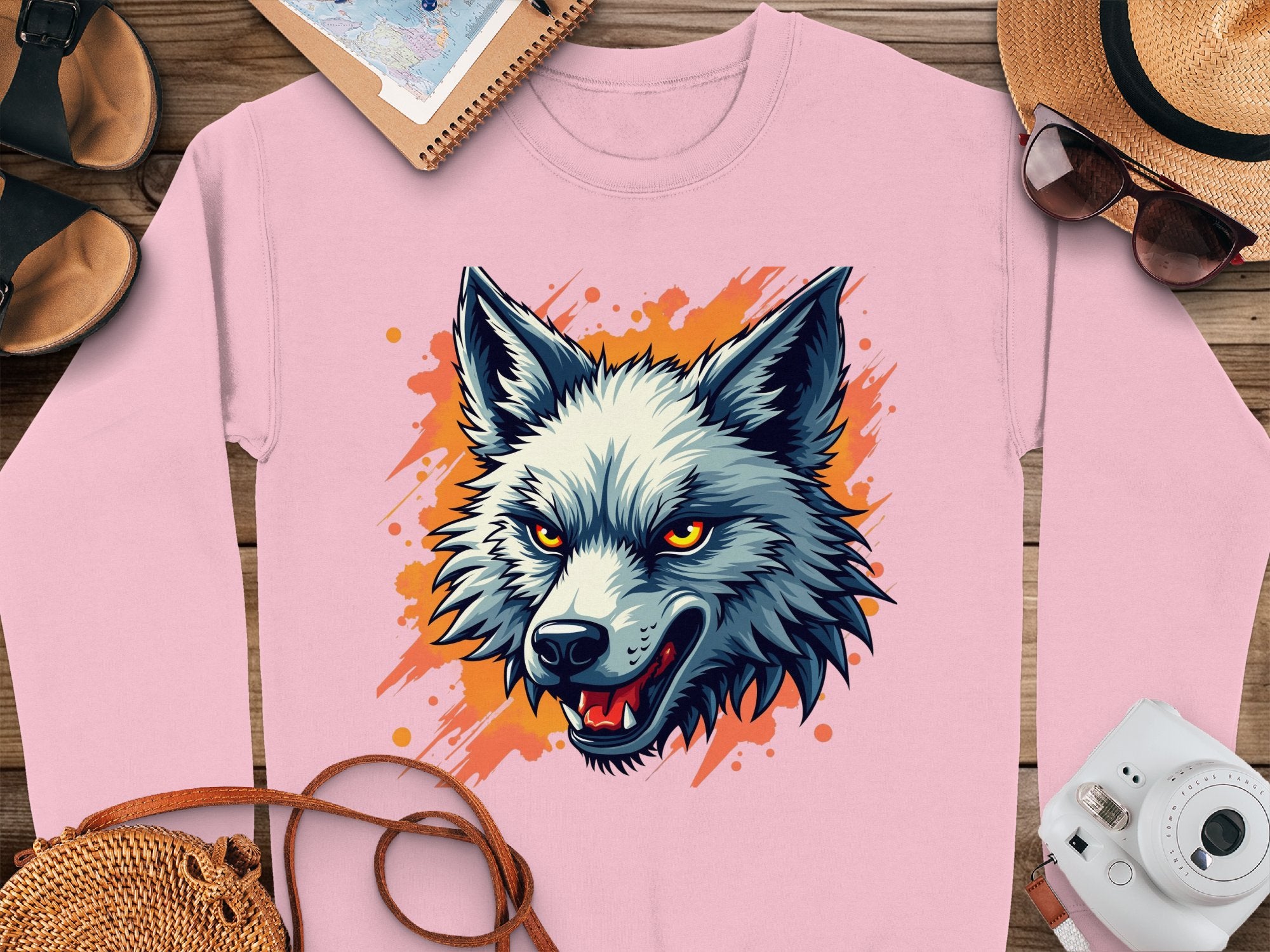 The Garment Graphics pink sweatshirt showcases a fierce wolf head graphic with sharp teeth against an orange splash. Laid on wood, its surrounded by a hat, sunglasses, camera, sandals, and notebook. Embrace your wild side with this standout piece.