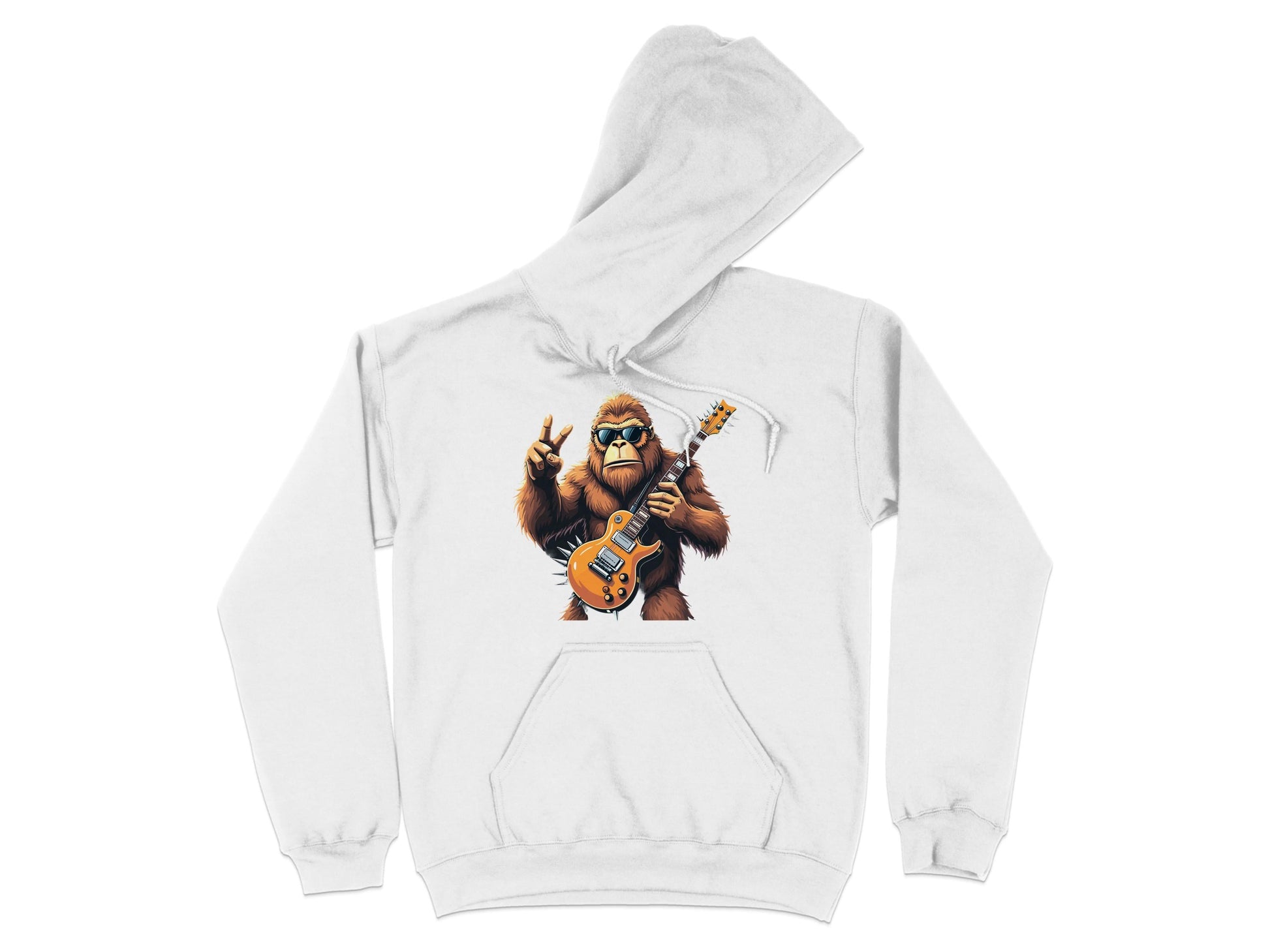 The Garment Graphics hoodie showcases a stylish gorilla in sunglasses holding an electric guitar with one hand and making a peace sign with the other. Perfect for music lovers.