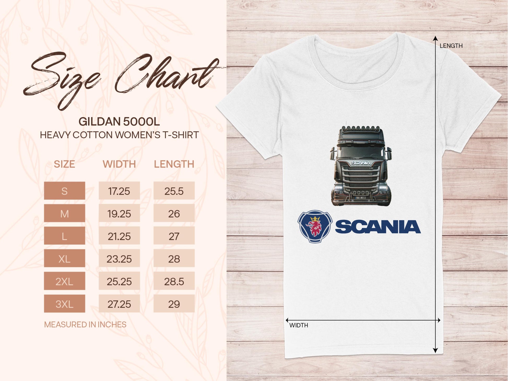 Garment Graphics offers a white graphic T-shirt featuring a truck and SCANIA, ideal for automotive enthusiasts. A size chart is available on the left for Gildan 5000L heavy cotton womens T-shirts, displaying sizes S to 3XL with corresponding width and length in inches.