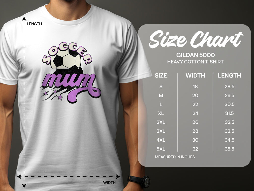 A person wears a classic fit, white Soccer Mum t-shirt featuring a soccer ball design by Garment Graphics. Nearby, a size chart for Gildan 5000 heavy cotton t-shirts details sizes S to 5XL with inch measurements for width and length.