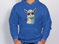 Someone is sporting a Garment Graphics classic fit hoodie featuring a llama wearing red sunglasses. Beside the llama, the text says No Prob-llama. The person casually has their hands in the front pocket.