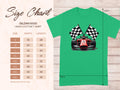 Green T-shirt from Garment Graphics with a red racing car and checkered flags design. Includes a size chart for the Gildan 5000 T-shirt ranging from S to 5XL, displaying width and length in inches—ideal for motorsport fans.