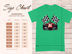 Green T-shirt from Garment Graphics with a red racing car and checkered flags design. Includes a size chart for the Gildan 5000 T-shirt ranging from S to 5XL, displaying width and length in inches—ideal for motorsport fans.