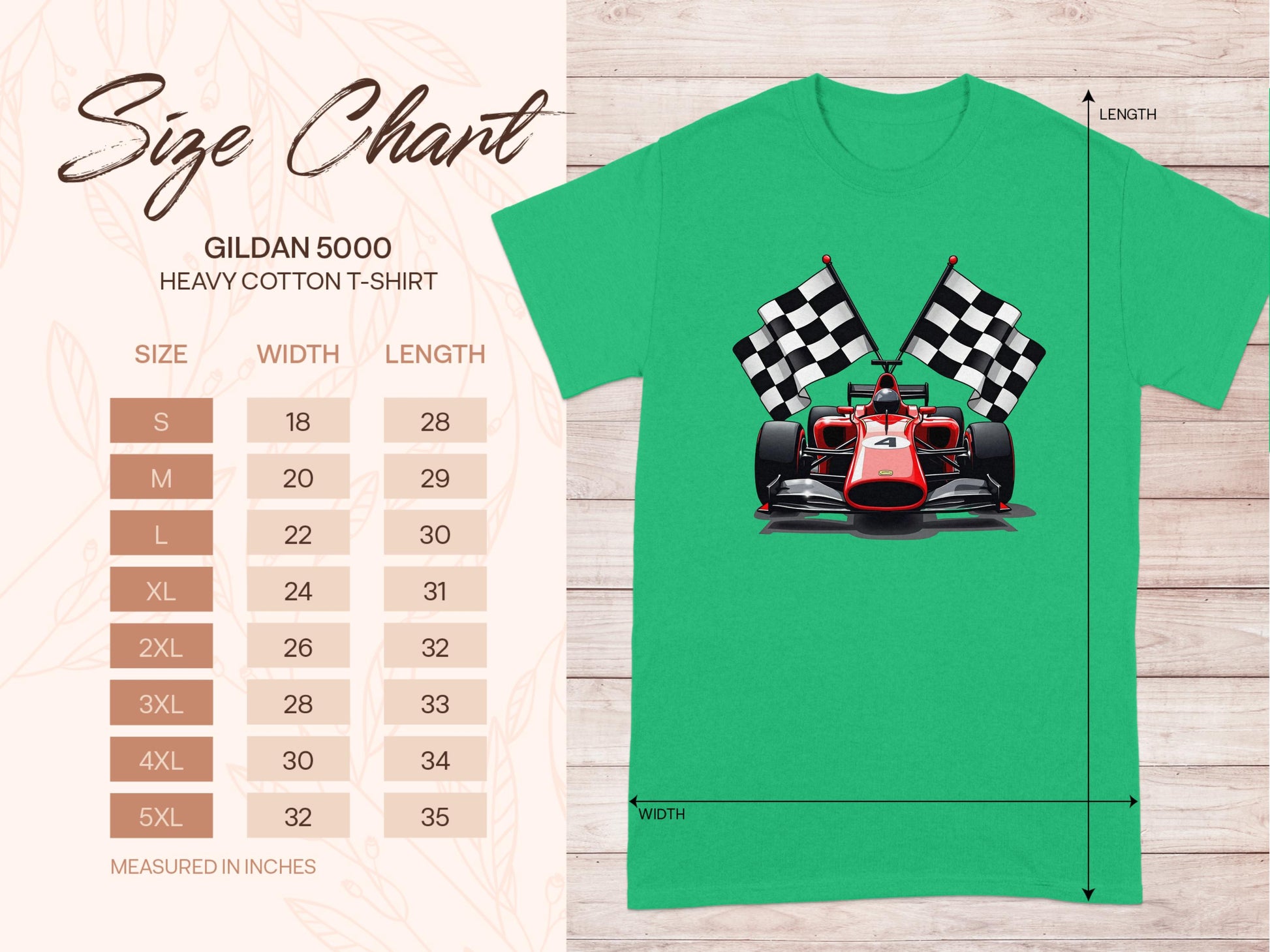 Green T-shirt from Garment Graphics with a red racing car and checkered flags design. Includes a size chart for the Gildan 5000 T-shirt ranging from S to 5XL, displaying width and length in inches—ideal for motorsport fans.