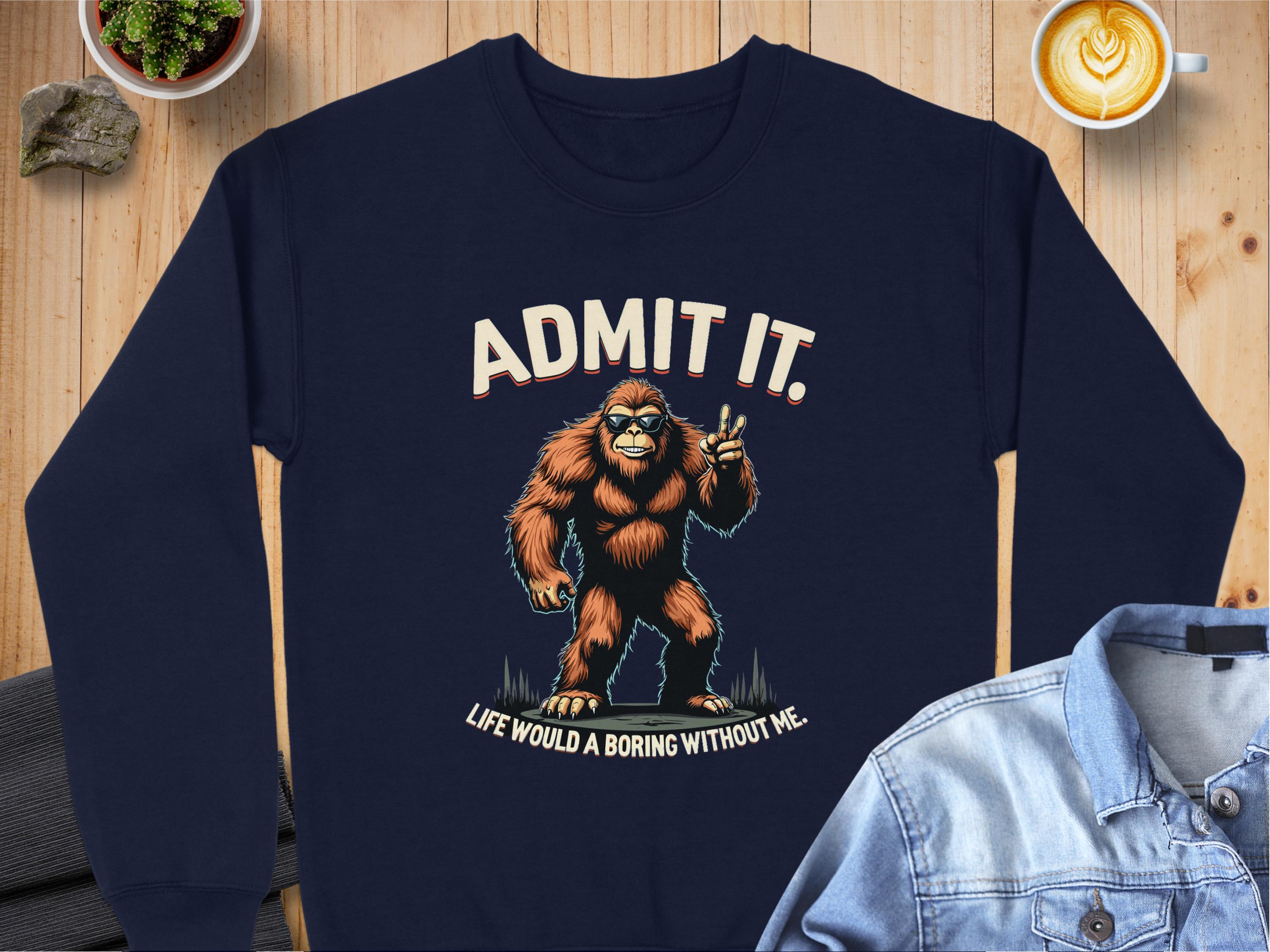 A Garment Graphics navy sweatshirt with a cartoon Bigfoot making a peace sign and the text ADMIT IT. LIFE WOULD BE BORING WITHOUT ME sits on a wooden table next to a denim jacket, latte, and small plant. This unisex casual wear suits everyone.